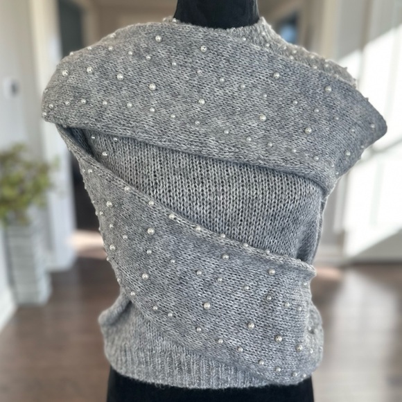 🎈Urban Outfitters Women Gray Pearl Beaded Mock Neck Balloon Sleeve Sweater XS - Picture 11 of 12